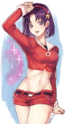 Rule 34 | 1girl, asamiya athena, blouse, breasts, earrings, hair ornament, hairband, highres, jewelry, looking at viewer, murata tefu, open mouth, purple eyes, purple hair, red hairband, red shirt, shirt, short hair, smile, solo, star (symbol), star hair ornament, the king of fighters