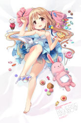Rule 34 | 10s, 1girl, 2016, :d, bag, barefoot, bed sheet, blonde hair, blue dress, blush, breasts, brown eyes, candy, character name, choker, cleavage, cookie, copyright name, cupcake, dress, english text, feet, food, futaba anzu, glass slipper, hair ornament, high heels, idolmaster, idolmaster cinderella girls, jin young-in, lollipop, long hair, looking at viewer, low twintails, lying, macaron, no socks, on back, open mouth, pie, pillow, shoes, single shoe, small breasts, smile, solo, strapless, strapless dress, stuffed animal, stuffed rabbit, stuffed toy, text focus, toes, twintails