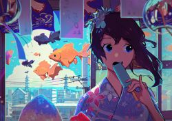 Rule 34 | 1girl, blue eyes, building, city, cloud, day, eating, fish, flat color, floral print, flower, food, goldfish, hair flower, hair ornament, highres, house, indoors, japanese clothes, kimono, looking to the side, open mouth, original, pine (yellowpine112), popsicle, power lines, purple hair, scenery, sky, solo, surreal, upper body, utility pole, wind, wind chime, window, yukata