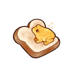 Rule 34 | animal focus, bread slice, chibi, commentary, english commentary, food, food focus, frog, heart, looking at viewer, no humans, on food, original, simple background, spicymochi, toast, watermark, white background