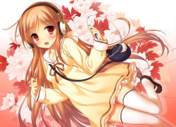 Rule 34 | 1girl, 47agdragon, :d, blush, cable, digital media player, dress, dutch angle, fang, floral background, headphones, holding, ipod, leaf, light smile, long hair, looking at viewer, mary janes, open mouth, orange hair, original, red eyes, ribbon, sailor dress, shoes, smile, solo, standing, standing on one leg, tareme, thighhighs, white thighhighs, zettai ryouiki