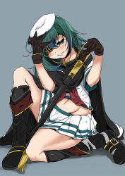 Rule 34 | 10s, 1girl, ascot, belt boots, blush, boots, cape, eyepatch, gloves, green eyes, green hair, hat, kantai collection, kiso (kancolle), long hair, omochi (433purupuru), simple background, skirt, solo, sword, weapon