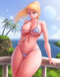 Rule 34 | 1girl, beach house, bikini, blonde hair, blue bikini, blue eyes, breasts, cleavage, curvy, day, female focus, hair in wind, home, huge breasts, large breasts, long hair, looking at viewer, metroid, naughty face, navel, nintendo, palm trees, pink lips, ponytail, saf-404, saf 404, safartwoks, safartworks, samus aran, shiny body, smile, smirk, solo, standing, straight hair, sunlight rays, swimsuit, thick thighs, thighs, video game character, wide hips