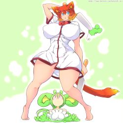 Rule 34 | animal, animal ears, blonde hair, blue eyes, bottomless, breasts, cat ears, cat girl, cat tail, dual wielding, gradient hair, green hair, hataraki ari, highres, holding, holding knife, huge breasts, knife, mouse ears, multicolored hair, no panties, orange hair, original, shaded face, shirt, short hair, short sleeves, t-shirt, tail, thick thighs, thighs