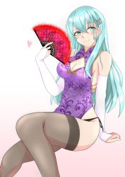 Rule 34 | 1girl, alternate costume, aqua hair, black panties, black thighhighs, breasts, bridal gauntlets, china dress, chinese clothes, cleavage cutout, clothing cutout, commentary request, cowboy shot, crossed legs, dress, folding fan, green eyes, hair ornament, hairclip, hand fan, highres, kantai collection, long hair, medium breasts, nitamako (sakamalh), panties, purple dress, side-tie panties, sitting, smile, solo, suzuya (kancolle), thighhighs, underwear