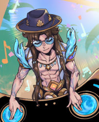 Rule 34 | 1boy, abs, arm tattoo, black headwear, blue shirt, closed eyes, collarbone, day, dj, emphasis lines, grey shirt, jewelry, league of legends, long hair, male focus, musical note, necklace, ocean song yone, open clothes, open shirt, parted bangs, phantom ix row, shirt, short sleeves, solo, sunglasses, tattoo, yone (league of legends)