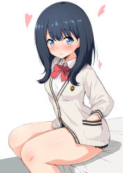 Rule 34 | 10s, 1girl, absurdres, bed sheet, black hair, black skirt, blue eyes, blush, bow, breasts, cardigan, closed mouth, collared shirt, commentary request, gridman universe, hair between eyes, hand in pocket, heart, highres, long hair, long sleeves, looking at viewer, miniskirt, pleated skirt, red bow, shirt, simple background, sitting, skirt, small breasts, solo, ssss.gridman, takarada rikka, thighs, white background, white cardigan, white shirt, yuu (yumezakura)