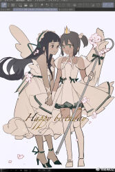 Rule 34 | 2girls, angel wings, ankle ribbon, arm ribbon, black eyes, black footwear, black hair, black ribbon, bow, bowtie, brown hair, cardcaptor sakura, chinese commentary, closed mouth, commentary request, crown, daidouji tomoyo, dress, dress bow, english text, eye contact, frilled dress, frilled hairband, frills, full body, gloves, green bow, green eyes, green hairband, green ribbon, hair bobbles, hair ornament, hair ribbon, hairband, happy, happy birthday, heart, high heels, highres, holding, holding hands, holding staff, kinomoto sakura, leg ribbon, light blush, lolita hairband, long dress, looking at another, mary janes, mini crown, multiple girls, open mouth, ouge dz, over-kneehighs, pleated dress, procreate (medium), procreate (software), puffy short sleeves, puffy sleeves, ribbon, see-through, see-through sleeves, shoes, short dress, short hair, short sleeves, sidelocks, simple background, smile, socks, staff, standing, strapless, strapless dress, striped bow, thighhighs, two side up, weibo watermark, white background, white bow, white bowtie, white dress, white footwear, white gloves, white ribbon, white sleeves, white socks, white wings, wings, yellow crown