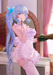 Rule 34 | 1girl, absurdres, apron, ayaka (genshin impact), baking, benzi li, blue choker, blue eyes, blue hair, blue ribbon, blunt bangs, breasts, chocolate, chocolate making, chocolate on body, chocolate on breasts, chocolate on face, chocolate on hand, choker, cleavage, curtains, finger to mouth, flower knot, food, food on body, food on face, food on hand, fruit, genshin impact, hair ribbon, highres, holding, holding plate, indoors, kitchen, licking lips, light blue hair, long hair, looking at viewer, maid, maid apron, medium breasts, mittens, mixing bowl, one eye closed, oven, oven mitts, plate, ponytail, ribbon, signature, snowflake choker, solo, strawberry, tasting, thighhighs, tongue, tongue out, tress ribbon, white thighhighs, window