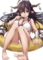Rule 34 | 10s, 1girl, antenna hair, bandages, barefoot, bikini, black hair, breasts, danua, draph, feet, female focus, foot focus, granblue fantasy, horns, large breasts, long hair, looking at viewer, pointy ears, red eyes, sakiyamama, simple background, solo, swimsuit, toes, white background, white bikini