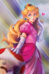 Rule 34 | 1girl, 1other, blonde hair, blue eyes, breasts, cassandra (avocasso), crown, dress, earrings, elbow gloves, gloves, hand on another&#039;s head, heart, highres, jewelry, long dress, long hair, looking back, mario (series), medium breasts, mini crown, mushroom, nintendo, parted lips, pink dress, princess peach, puffy short sleeves, puffy sleeves, short sleeves, sphere earrings, super mario bros. 1, super smash bros., toad (mario), upper body, wavy hair, white gloves, you gonna get raped