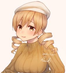 Rule 34 | 1girl, beret, blush, breasts, casual, closed mouth, dated, drill hair, hat, kazabuki poni, large breasts, long sleeves, looking at viewer, mahou shoujo madoka magica, mahou shoujo madoka magica (anime), ribbed sweater, signature, simple background, smile, solo, sweater, tareme, tomoe mami, turtleneck, turtleneck sweater, twin drills, upper body, white background, white hat, yellow eyes, yellow sweater, yellow theme