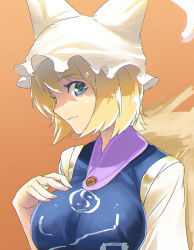 Rule 34 | 1girl, animal ears, blonde hair, blue eyes, breasts, chromatic aberration, fox ears, fox tail, hand on own chest, hat, kinketsu, large breasts, mob cap, multiple tails, orange background, portrait, profile, short hair, simple background, smile, solo, tabard, tail, touhou, yakumo ran