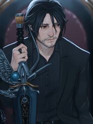 Rule 34 | 10s, 1boy, beard, black hair, coralie jubenot, facial hair, final fantasy, final fantasy xv, formal, jewelry, looking to the side, male focus, noctis lucis caelum, open collar, ring, smile, solo, suit, sword, throne, upper body, weapon