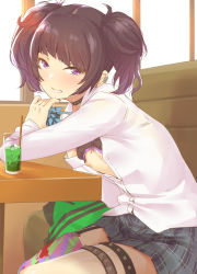 Rule 34 | 1girl, arms on table, asymmetrical legwear, black bra, black choker, black hair, bra, bra lift, breasts, breasts out, choker, commentary request, cup, diagonal bangs, drink, drinking glass, earrings, female focus, flashing, garter straps, green jacket, grin, highres, idol, idolmaster, idolmaster shiny colors, indoors, jacket, jewelry, leaning forward, looking at viewer, miniskirt, nail polish, neckwear grab, nipples, nukkoru, open clothes, open shirt, oppai challenge, plaid, plaid neckwear, plaid skirt, pleated skirt, purple eyes, restaurant, school uniform, shirt, short twintails, single thighhigh, sitting, skirt, small breasts, smile, solo, spiked choker, spikes, tanaka mamimi, teeth, thigh strap, thighhighs, twintails, underwear, uneven legwear, white shirt, window