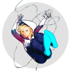 Rule 34 | 1girl, blonde hair, blue eyes, bodysuit, gwen stacy, hairband, hood, kamome shirahama, looking at viewer, marvel, midair, parted lips, silk, smile, solo, spider-gwen, spider-man (series), spider web