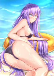 Rule 34 | 1girl, alternate hairstyle, ass, bikini, black bikini, blue eyes, blush, day, from behind, hand on own thigh, long hair, looking at viewer, looking back, lying, medium hair, muwa12, neptune (series), on side, outdoors, partially submerged, power symbol, power symbol-shaped pupils, purple hair, purple heart (neptunia), smile, solo, swimsuit, symbol-shaped pupils, thighs, very long hair, water, wet