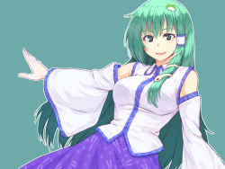 Rule 34 | 1girl, blue skirt, breasts, collared shirt, detached sleeves, frog hair ornament, green background, green eyes, green hair, hair between eyes, hair ornament, hair tubes, kakone, kochiya sanae, large breasts, long hair, looking at viewer, nontraditional miko, open mouth, patterned clothing, shirt, simple background, skirt, smile, snake hair ornament, solo, touhou, white shirt, wide sleeves