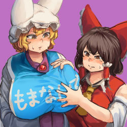 Rule 34 | 2girls, angry, animal hat, blonde hair, blush, bow, breast envy, breasts, breasts squeezed together, brown eyes, brown hair, chanta (ayatakaoisii), detached sleeves, dress, extra ears, hair bow, hair tubes, hakurei reimu, hands together, hat, huge breasts, large breasts, long sleeves, looking at another, mob cap, multiple girls, necktie, mob cap, plump, red shirt, shirt, short hair, sleeveless, sleeveless shirt, sweat, sweatdrop, tabard, touhou, translation request, upper body, white dress, wide sleeves, yakumo ran, yellow eyes, yellow necktie