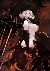 Rule 34 | 10s, 1girl, abyssal ship, ass, bodysuit, colored skin, from behind, hat, highres, kantai collection, looking at viewer, short hair with long locks, solo, sumisu (mondo), white hair, white skin, wo-class aircraft carrier