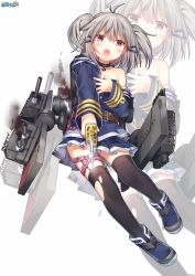 Rule 34 | 1girl, black thighhighs, blue skirt, blush, choker, collarbone, full body, grey hair, hair ornament, hairclip, holding, holding knife, holding weapon, knife, looking at viewer, murasame (warship girls r), open mouth, red eyes, shenbei xiaoqiu, short hair, short twintails, skirt, solo, teeth, thighhighs, torn clothes, torn thighhighs, twintails, warship girls r, weapon