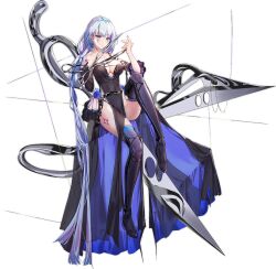 Rule 34 | 1girl, absurdly long hair, ark order, atropos (ark order), bare shoulders, belt, black belt, black dress, black footwear, black gloves, black thighhighs, blood, blue eyes, boots, bow, braid, breasts, collarbone, detached sleeves, dress, facial mark, full body, gloves, heterochromia, holding, holding scissors, invisible chair, large breasts, leg tattoo, long hair, official art, pelvic curtain, pink eyes, scissors, single glove, sitting, solo, string, tachi-e, tattoo, thigh boots, thighhighs, thighs, transparent background, very long hair, white bow, white hair, you ni ge shaobing