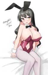 Rule 34 | 1girl, absurdres, alternate costume, animal ears, black bow, black bowtie, black hair, bow, bowtie, breasts, cleavage, clothing cutout, colored inner hair, cowboy shot, detached collar, feet out of frame, highres, kantai collection, large breasts, leotard, long hair, looking at viewer, maru (marg0613), multicolored hair, naganami (kancolle), navel cutout, pantyhose, pink hair, playboy bunny, purple leotard, rabbit ears, simple background, solo, strapless, strapless leotard, wavy hair, white background, white pantyhose, wrist cuffs, yellow eyes