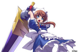 Rule 34 | 1girl, :o, akaga hirotaka, apron, aq interactive, arcana heart, arcana heart 3, armor, arms behind head, atlus, blue eyes, blush, brooch, brown hair, dress, examu, fighting stance, fiona mayfield, flat chest, frilled thighhighs, frills, gauntlets, greatsword, hair bobbles, hair ornament, huge weapon, jewelry, long hair, maid, maid apron, maid headdress, official art, open mouth, simple background, solo, standing, sword, thighhighs, twintails, watermark, weapon, white thighhighs