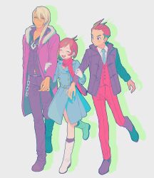 Rule 34 | 1girl, 2boys, ace attorney, antenna hair, apollo justice, black footwear, blonde hair, blue coat, blue eyes, blue necktie, boots, brown eyes, brown hair, closed eyes, coat, collared shirt, diamond earrings, earrings, full body, fur-trimmed coat, fur trim, highres, jacket, jewelry, klavier gavin, knee boots, long hair, long sleeves, multiple boys, necklace, necktie, open mouth, ouse (otussger), pants, red pants, red scarf, red vest, scarf, shirt, short hair, simple background, smile, trucy wright, vest, walking, white shirt
