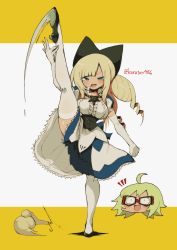 Rule 34 | 2girls, black bow, black footwear, blue dress, bow, breasts, chacater:luca (kuruton486), dress, drill hair, glasses, green hair, hair bow, half-closed eyes, high heels, highres, kuruton486, large breasts, multiple girls, open mouth, original, smile, solo focus, split, standing, standing on one leg, standing split, thighhighs, v-shaped eyebrows, white legwear
