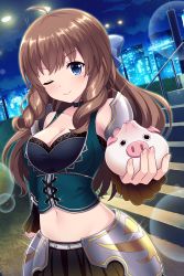 Rule 34 | 1girl, ahoge, alternative girls, arimura shion, armor, bare shoulders, blue eyes, breasts, brown hair, cleavage, escalator, hair ribbon, highres, lights, long hair, looking at viewer, medium breasts, night, official art, one eye closed, ribbon, smile, solo, standing