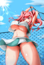 Rule 34 | 1girl, ;o, arm behind head, armpits, arms up, azur lane, bare legs, bare shoulders, black panties, blue sky, blush, breasts, bremerton (azur lane), bremerton (scorching-hot training) (azur lane), chain-link fence, clothes lift, cloud, commentary request, covered erect nipples, cowboy shot, crop top, crop top overhang, day, fence, foreshortening, from below, green skirt, grey hair, hair between eyes, hair intakes, hair ornament, hairclip, highres, holding, holding racket, large breasts, lens flare, light particles, long hair, looking to the side, midriff, mole, mole under eye, multicolored hair, navel, nogitarou, one eye closed, outdoors, panties, pantyshot, pink eyes, pink hair, racket, see-through, shirt, sidelocks, skirt, skirt lift, sky, sleeveless, sleeveless shirt, solo, sportswear, standing, streaked hair, stretching, sun, sunlight, sweat, teeth, tennis racket, tennis uniform, twintails, two-tone hair, two-tone shirt, two-tone skirt, underboob, underwear, upper teeth only, wet, wet clothes, wet shirt, white shirt, white skirt, wind, wind lift, wristband, x hair ornament