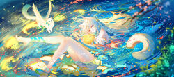 Rule 34 | 1girl, absurdres, animal ears, bare legs, barefoot, cat, cat ears, commentary request, heterochromia, highres, long hair, looking at viewer, original, sheya, solo, thighs, very long hair, water, white hair