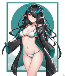 Rule 34 | 1girl, absurdres, arknights, bare shoulders, bikini, black coat, black hair, breasts, coat, collarbone, commentary request, cowboy shot, doraski, dusk (arknights), groin, hair over one eye, highres, horns, long hair, long sleeves, looking at viewer, medium breasts, navel, open clothes, open coat, orange eyes, pointy ears, solo, standing, stomach, swimsuit, thighs, white bikini