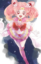 Rule 34 | 1990s (style), 1girl, bishoujo senshi sailor moon, bishoujo senshi sailor moon supers, blue background, boots, bow, brooch, chibi usa, child, choker, cone hair bun, double bun, elbow gloves, full body, gloves, hair bun, hair ornament, hairpin, heart, heart brooch, highres, jewelry, knee boots, magical girl, multicolored clothes, multicolored skirt, pink footwear, pink hair, pleated skirt, red eyes, retro artstyle, ribbon, sailor chibi moon, sailor collar, short hair, skirt, smile, solo, super sailor chibi moon, tiara, twintails, white gloves, yamaguchi mococo