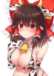 Rule 34 | 1girl, :o, animal ears, animal print, bell, bikini, blush, bow, breasts, brown hair, collar, collarbone, commentary request, cow ears, cow horns, cow print, detached collar, ear tag, elbow gloves, embarrassed, fake animal ears, gloves, hair bow, hair tubes, hakurei reimu, highres, horns, large breasts, looking at viewer, navel, neck bell, red bow, red eyes, short hair, solo, swimsuit, tksand, touhou, upper body, white gloves