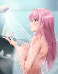 Rule 34 | 1girl, areola slip, breasts, closed mouth, completely nude, facing to the side, from side, hand on own chest, highres, hololive, hololive english, holomyth, large breasts, mori calliope, nude, pink eyes, pink hair, shampoo bottle, shower head, showering, smile, soap, solo, upper body, virtual youtuber, water, wet, wet hair, yawww (yawwwart)