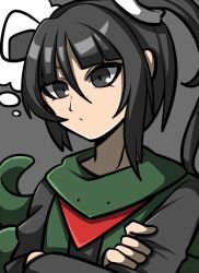 Rule 34 | 1jumangoku, 1other, adagumo no yaorochi, androgynous, black eyes, black hair, black shirt, black sleeves, blunt bangs, closed mouth, commentary, crossed arms, eyelashes, food, green jacket, green scarf, grey background, hair between eyes, hair ornament, hair scrunchie, high side ponytail, jacket, japanese clothes, len&#039;en, light frown, long hair, long sleeves, looking ahead, multiple tails, onigiri, open clothes, open jacket, other focus, red scarf, scarf, scrunchie, shirt, simple background, sleeveless, sleeveless jacket, snake tail, solo, spoken food, tail, thought bubble, upper body, white scrunchie