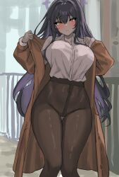 1girl alien_adviser alternate_costume black_hair blue_archive blush breasts brown_coat coat collared_shirt commentary dark-skinned_female dark_skin frown furrowed_brow hair_between_eyes halo high-waist_pantyhose highres karin_(blue_archive) large_breasts long_hair looking_at_viewer pantyhose purple_hair purple_halo shirt shirt_tucked_in solo thigh_gap thighs undressing very_long_hair white_shirt yellow_eyes