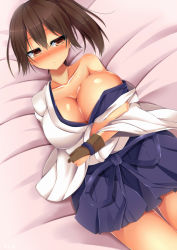 Rule 34 | 10s, 1girl, blush, breast hold, breasts, brown eyes, brown hair, cleavage, collarbone, cowboy shot, dutch angle, full-face blush, gloves, hair between eyes, kaga (kancolle), kantai collection, large breasts, looking away, lying, off shoulder, on back, partially fingerless gloves, partly fingerless gloves, short hair, skirt, solo, yahiro (anhnw), yugake
