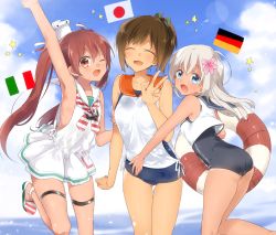 Rule 34 | 10s, 3girls, ass, blonde hair, blue eyes, blue one-piece swimsuit, breasts, brown eyes, brown hair, dress, flag, flat chest, flower, german flag, germany, hair flower, hair ornament, hat, highres, i-401 (kancolle), italian flag, italy, japan, japanese flag, kantai collection, libeccio (kancolle), lifebuoy, long hair, md5 mismatch, medium breasts, multiple girls, one-piece swimsuit, resolution mismatch, ro-500 (kancolle), sailor dress, sino (sionori), sky, small breasts, source smaller, swim ring, swimsuit, tan, twintails, v