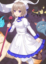 Rule 34 | 1girl, blue bow, blush, bow, breasts, brown footwear, brown hair, commentary request, dress, frilled dress, frills, holding, holding staff, iwanaga kotoko, juliet sleeves, kyokou suiri, long sleeves, looking at viewer, pantyhose, parted lips, puffy sleeves, purple eyes, shoes, skirt hold, small breasts, smile, solo, staff, tukino neru, white dress, white headwear, white pantyhose