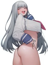 Rule 34 | 1girl, ass, black panties, blush, bow, bowtie, breasts, crop top, crop top overhang, grey eyes, grey hair, large breasts, lips, long hair, long sleeves, looking at viewer, looking back, open mouth, original, panties, rabbit (wlsdnjs950), red bow, red bowtie, sailor collar, sailor shirt, shirt, side-tie panties, simple background, sleeves past wrists, smile, solo, standing, tongue, tongue out, underboob, underwear, untying, very long hair, white background, white shirt