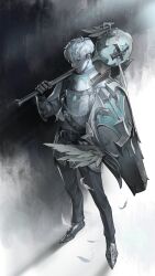 Rule 34 | 1boy, absurdres, armor, feathers, full body, gauntlets, grey eyes, highres, holding, holding shield, holding weapon, looking at viewer, male focus, nose, original, over shoulder, rare1 (gugugu seung), shield, short hair, solo, standing, weapon, weapon over shoulder, white hair