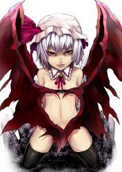 Rule 34 | 1girl, bad id, bad pixiv id, black thighhighs, bow, censored, convenient censoring, covering privates, covering breasts, covering crotch, fangs, female focus, flat chest, hat, heart, heart wings, kneeling, large wings, light purple hair, lips, navel, nude, nude cover, red eyes, remilia scarlet, short hair, solo, thighhighs, touhou, wings, yakan 7, yukinojou yakan