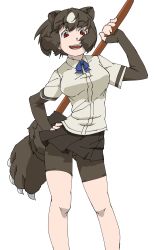 Rule 34 | 1girl, animal ears, bare legs, bear ears, paw stick, bear tail, bike shorts, brown bear (kemono friends), brown eyes, brown hair, collared shirt, extra ears, fingerless gloves, floating hair, gloves, gluteal fold, hand on own hip, hand up, highres, holding, holding weapon, kemono friends, looking at viewer, microskirt, multicolored hair, open mouth, over shoulder, shirt, short sleeves, shorts, shorts under skirt, simple background, skirt, smile, solo, standing, tail, tanabe (fueisei), teeth, two-tone hair, upper teeth only, weapon, weapon over shoulder, white background, white hair, wind, wing collar