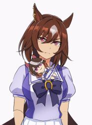 Rule 34 | 1girl, animal ears, arms at sides, banseog, bow, bowtie, breasts, brown hair, character doll, closed mouth, frown, hair between eyes, highres, horse ears, long hair, looking at viewer, medium breasts, puffy short sleeves, puffy sleeves, purple shirt, red eyes, sailor collar, school uniform, shirt, short sleeves, sirius symboli (umamusume), skirt, solo, symboli rudolf (umamusume), tracen school uniform, umamusume, upper body, white skirt