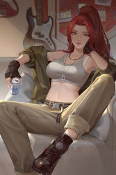 Rule 34 | 1girl, 39 bukun, ankle boots, arm rest, beer can, belt, belt buckle, black footwear, black gloves, blurry, blush, board, boots, bra strap, breasts, brown eyes, buckle, can, collarbone, copyright request, couch, crop top, cross-laced footwear, depth of field, drink can, electric guitar, feet out of frame, fingerless gloves, gloves, grey tank top, guitar, hand on own cheek, hand on own face, head rest, high ponytail, highres, indoors, instrument, jacket, jewelry, lace-up boots, large breasts, lipgloss, lips, long hair, long sleeves, looking at viewer, midriff, mouth hold, navel, necklace, off shoulder, open clothes, open jacket, pants, pendant, photo (object), pillow, ponytail, sitting, smile, solo, tank top