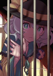 Rule 34 | 1girl, absurdres, bandaid, black hat, bow, bright pupils, curly hair, green eyes, hat, highres, iron bars, kawayabug, komeiji koishi, lace, lace-trimmed collar, lace trim, leaning forward, looking at viewer, shadow, silver hair, solo, third eye, touhou