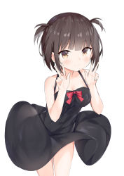 Rule 34 | 1girl, absurdres, bare arms, bare shoulders, black dress, blush, bow, breasts, brown eyes, brown hair, cleavage, closed mouth, collarbone, double w, dress, fuyuki030, hands up, highres, looking at viewer, original, red bow, simple background, sleeveless, sleeveless dress, small breasts, smile, solo, two side up, w, white background
